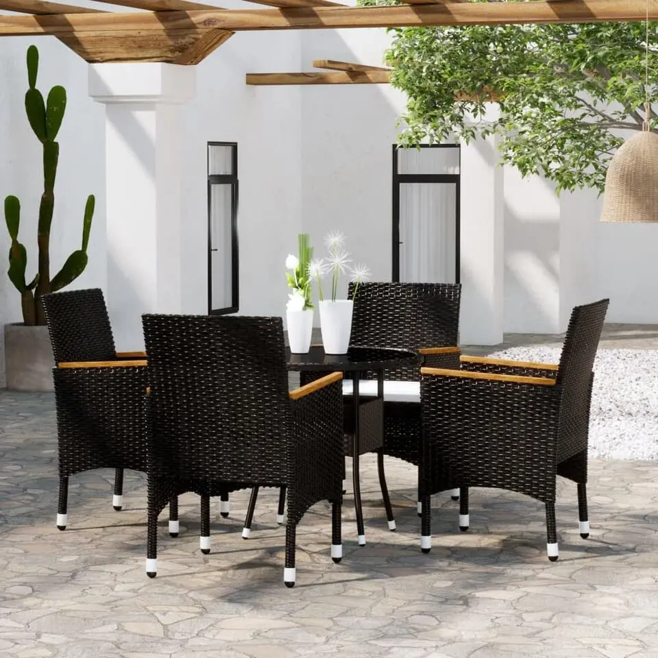 vidaXL - 5-delige Tuinset met kussens zwart - Poly rattan en glas - ? 80 cm