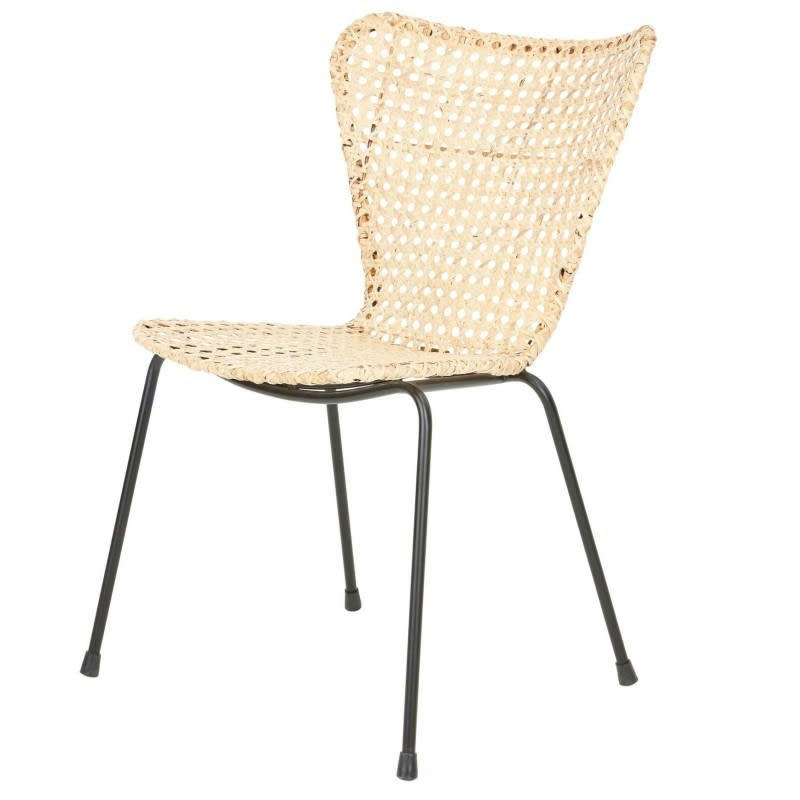 LOANE - Chaise en rotin beige avec pieds en métal noir