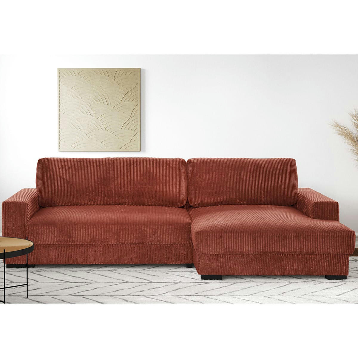 ARTY - Canapé d'angle à droite convertible 3 places en velours côtelé rouille