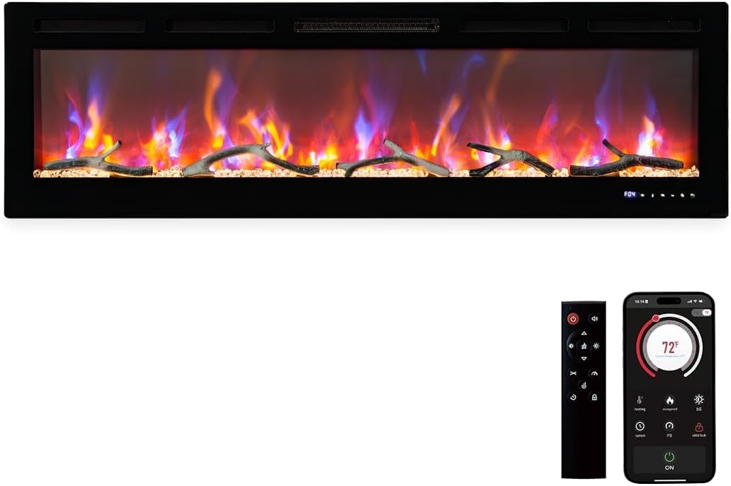 60 Recessed and Wall Mounted Electric Fireplace, Smart WiFi Infrared Electric Fireplace with Remote Control, Adjustable Flame Color, 750/1500W Fireplace Heater and Linear Fireplace, Black
