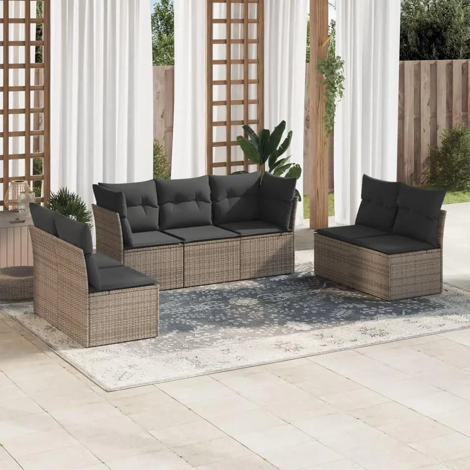 vidaXL Loungeset met kussens - set van 7 - Grijs - Poly Rattan