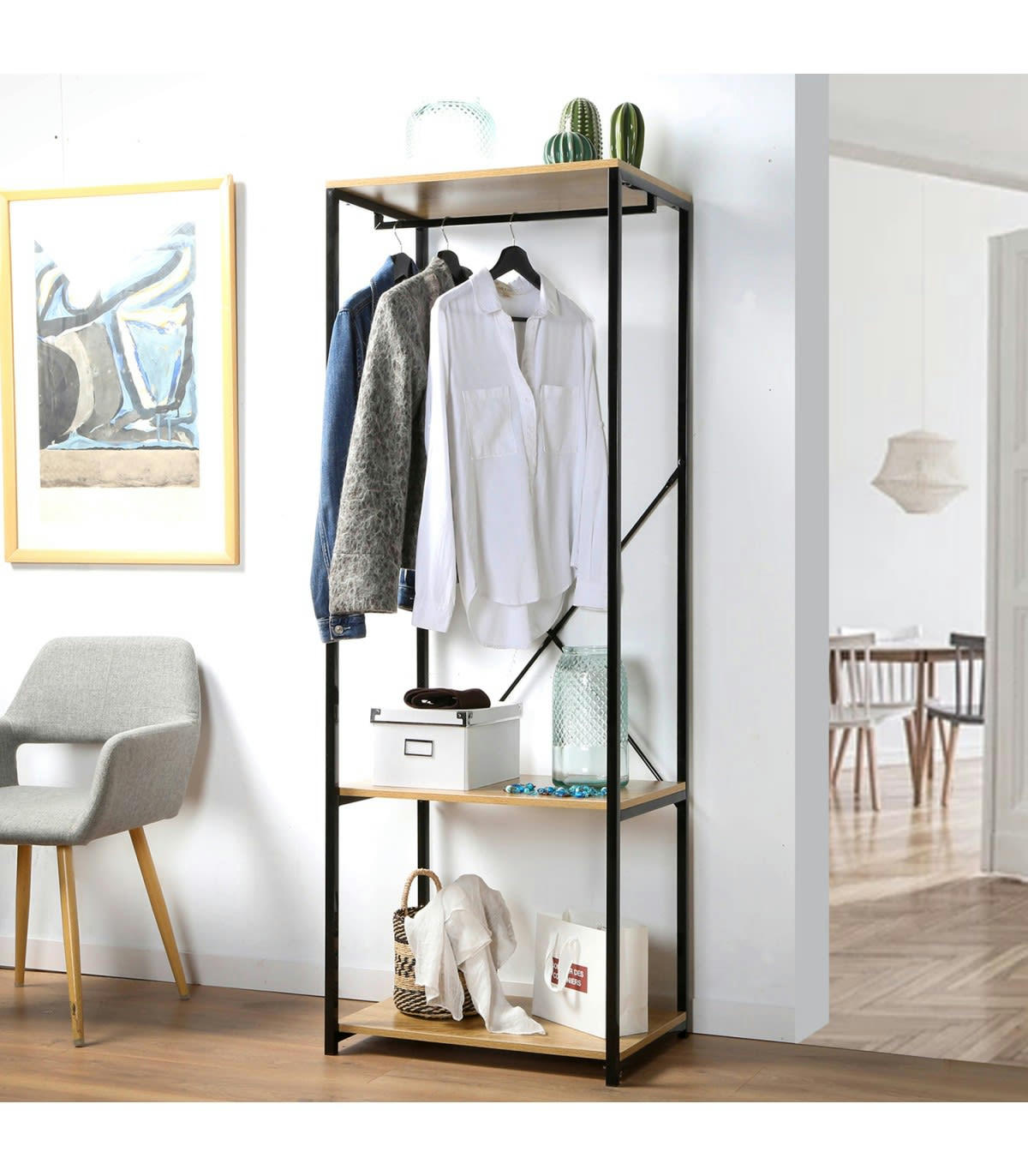 - Penderie 3 étagères métal et décor chêne - L60 cm