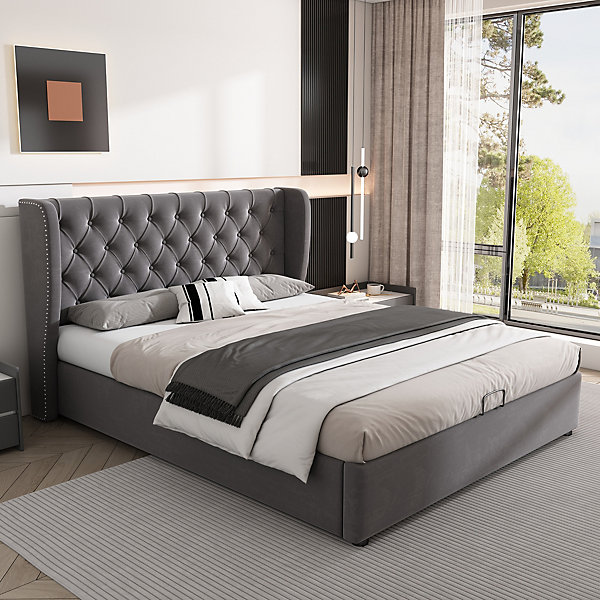 Lit coffre 140x200 cm - Lit double avec sommier à lattes et Coffre hydraulique - Capitonné Velours - Sans Matelas - Gris