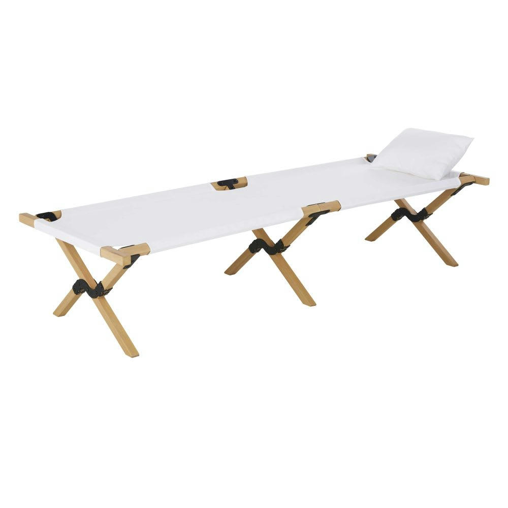 Selous - Lit de camp pliable en bois d'eucalyptus et tissu écru