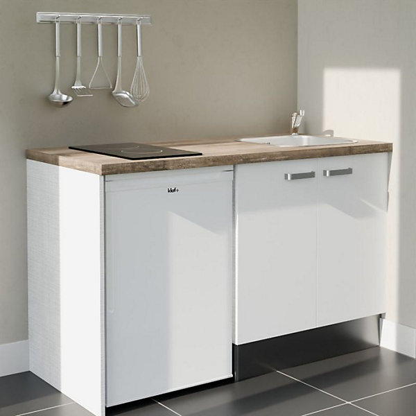 Kitchenette K17 - 140 cm - Façades : Blanc - Plan de travail : Bois - Crédences : Non - Evier