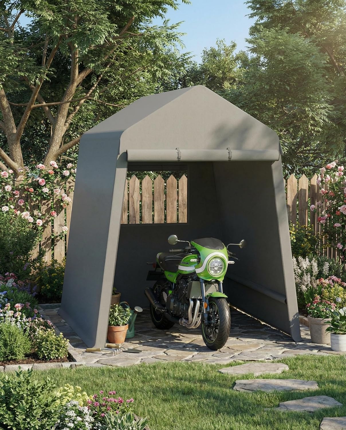Garvee 6X8 Ft Outdoor Storage Shed, 2 Rolled Up Zipper Doors Portable Storage Shed, Waterproof Cover Vents Carports Temporary Shelter for Bike, Motorcycle, Gardening Tools, Generator, Grey