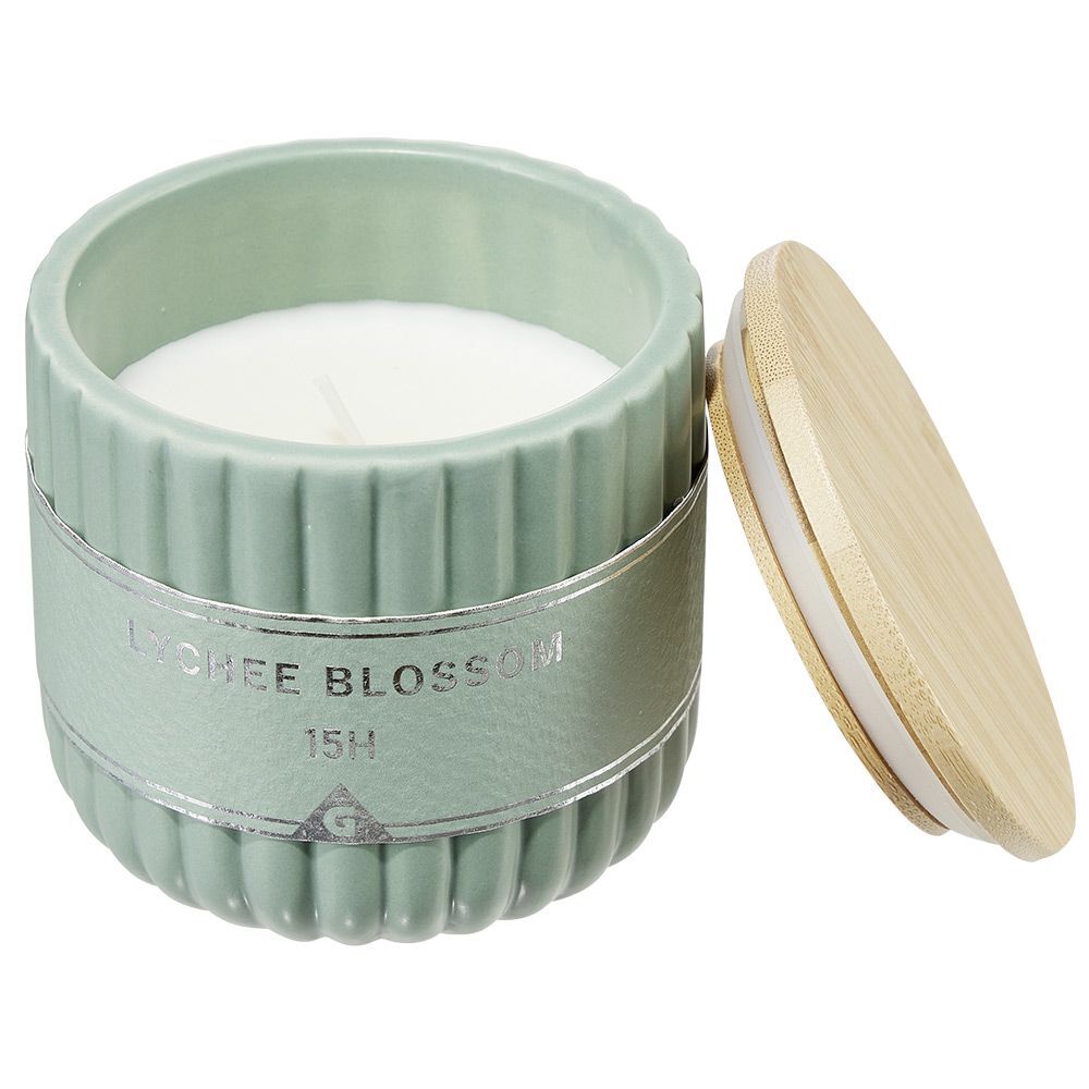Bougie dans pot céramique et bambou Ø9xH8cm