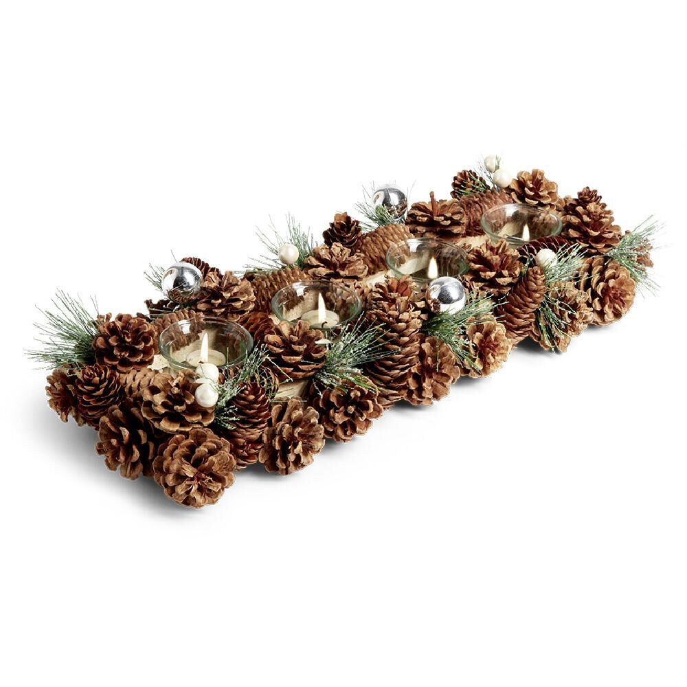 Centre de table de No&euml;l 4 photophores pommes de pin bois L47,5X17,5XH9,5 cm