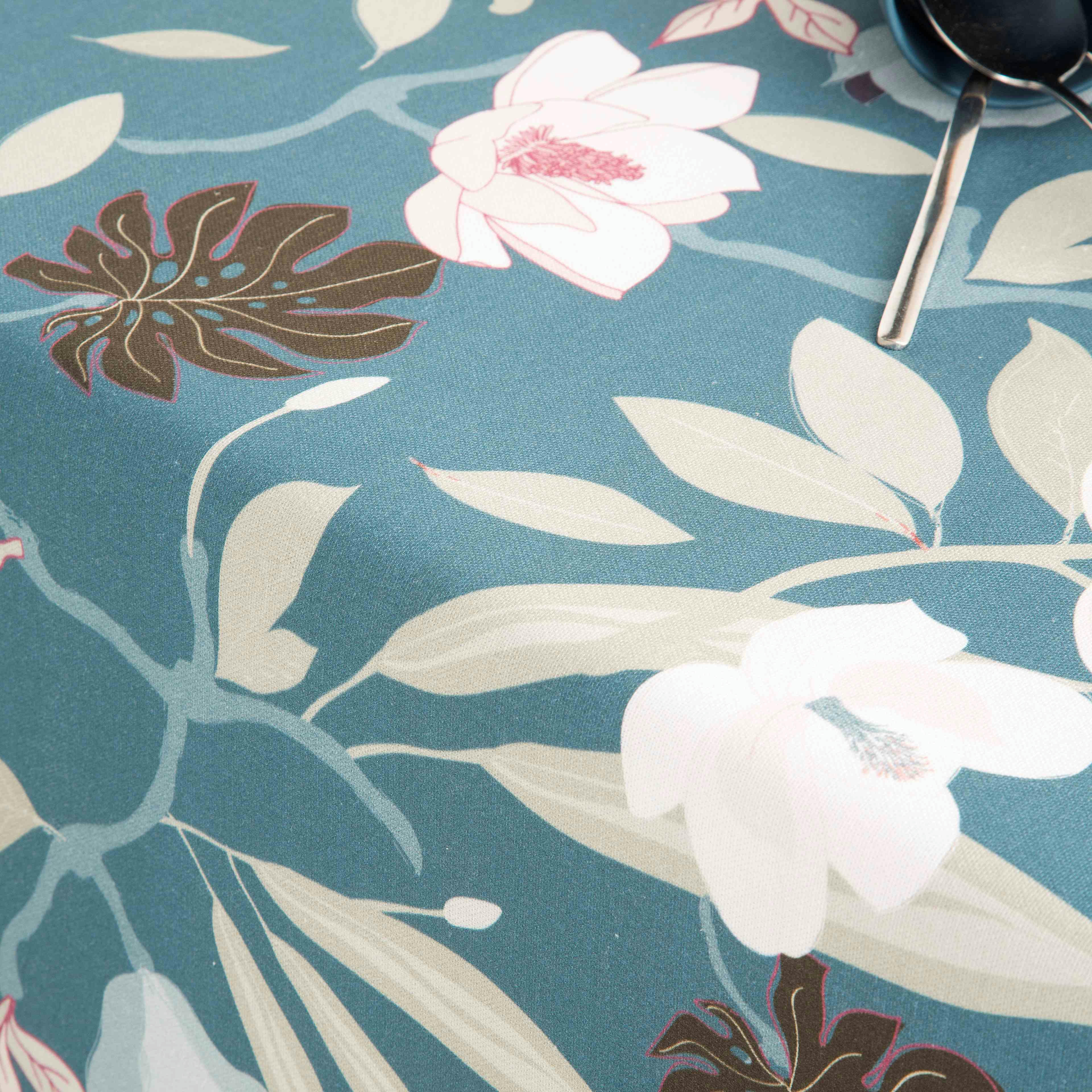 GARDEN - Nappe imprimée bleu avec traitement anti-taches en coton 140x300 cm