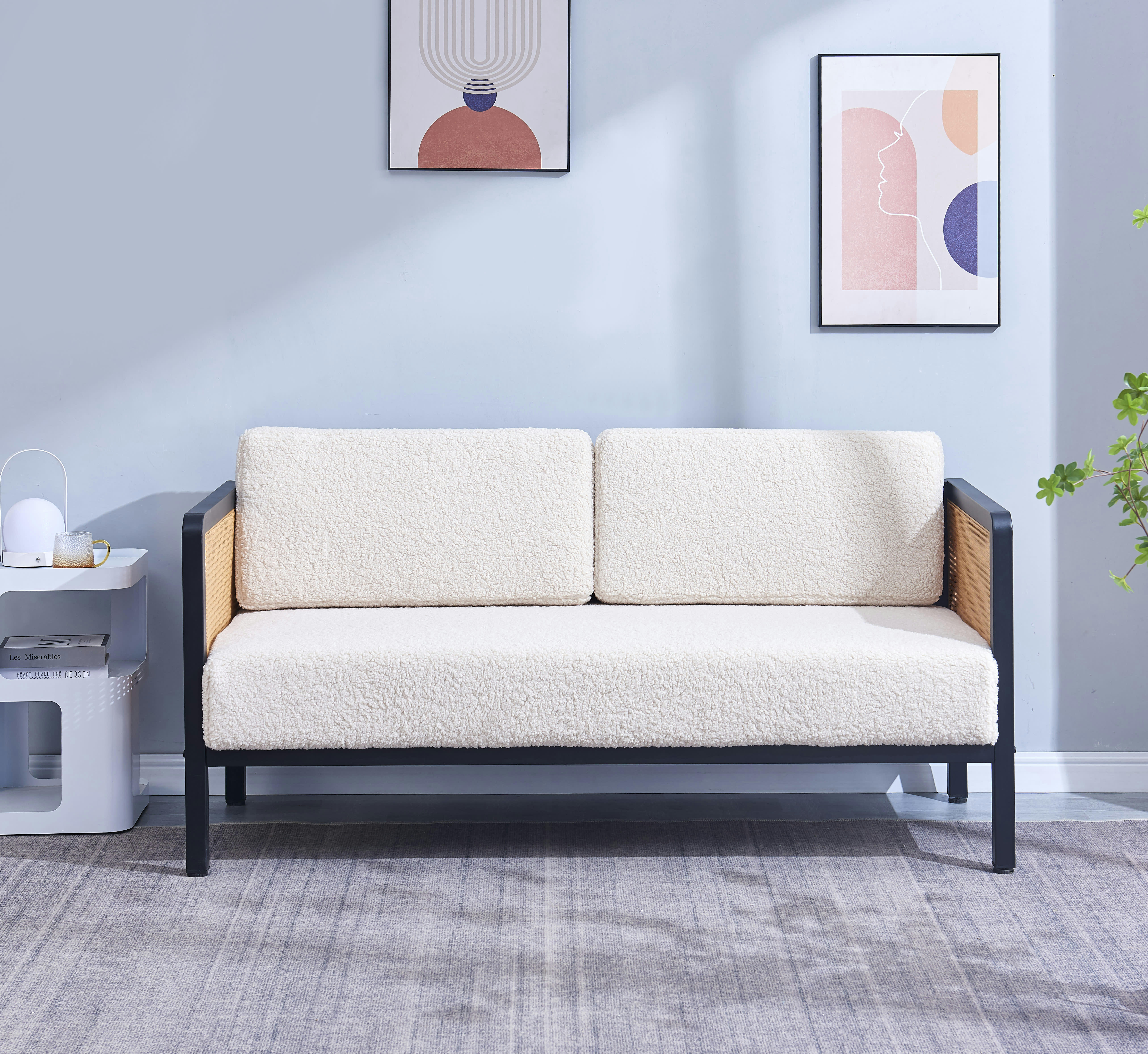 - Canape 2/3 personnes en cannage et bouclettes blanches