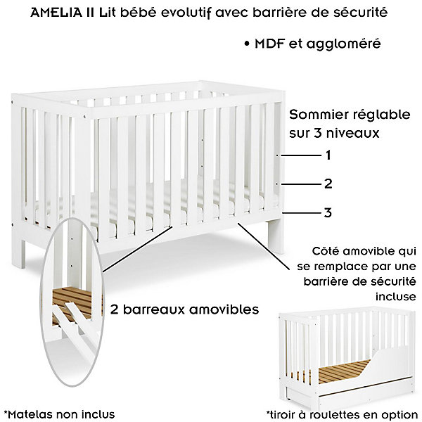 AMELIA II Lit bébé évolutif avec barrière de sécurité Blanc avec tiroir