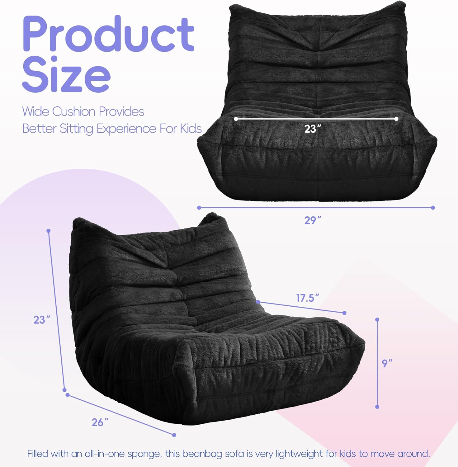 Hobestluk Bean Bag Chair with Memory Foam Ultra Soft Faux Fur Fabric Ergonomic Design Small Bean Bag Couch Beanbag Chair for Living Room Bedroom Playroom(Black Plush Medium)