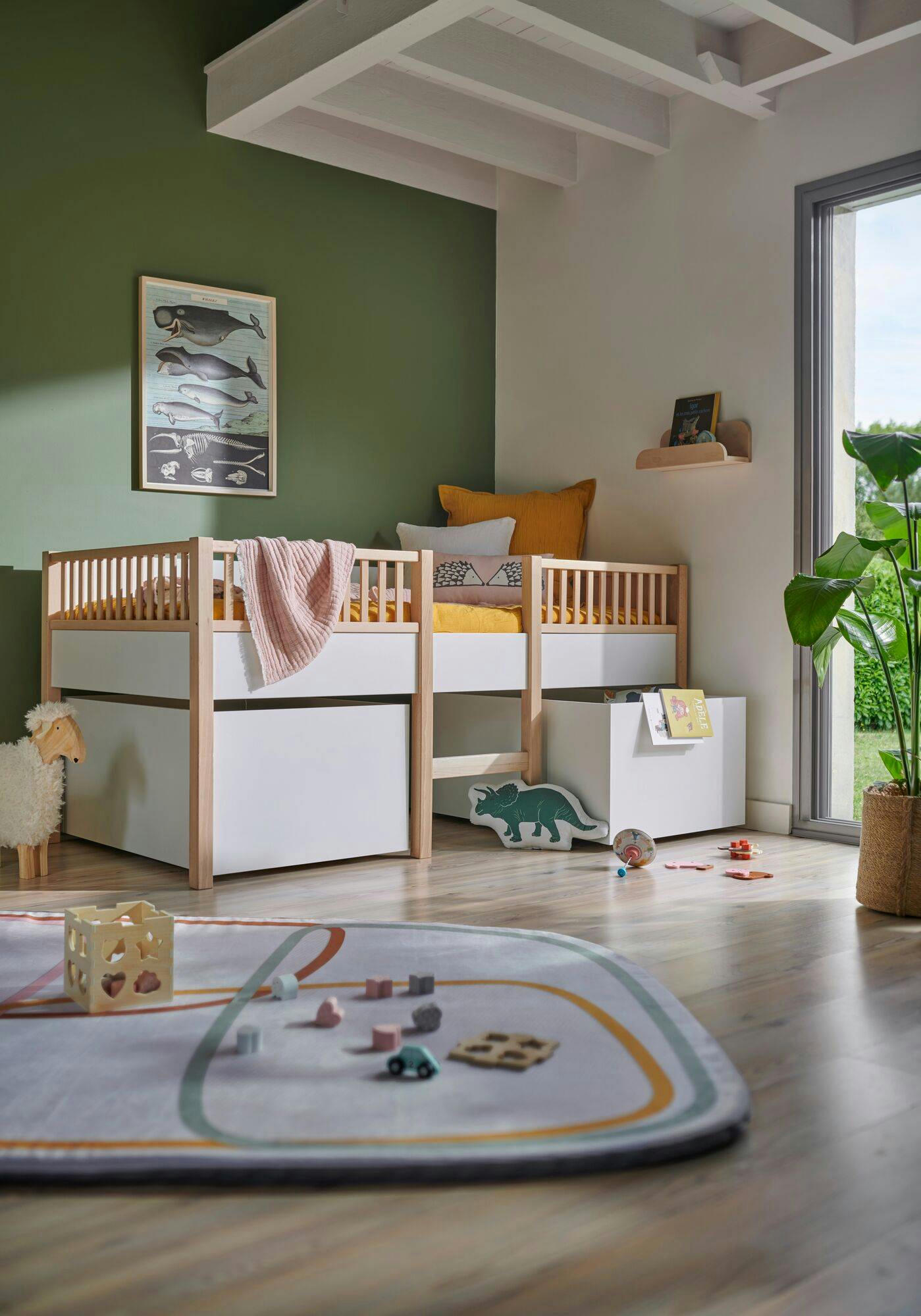 LEO - Lit mi-hauteur 90 x 190 cm avec caisson blanc et bois