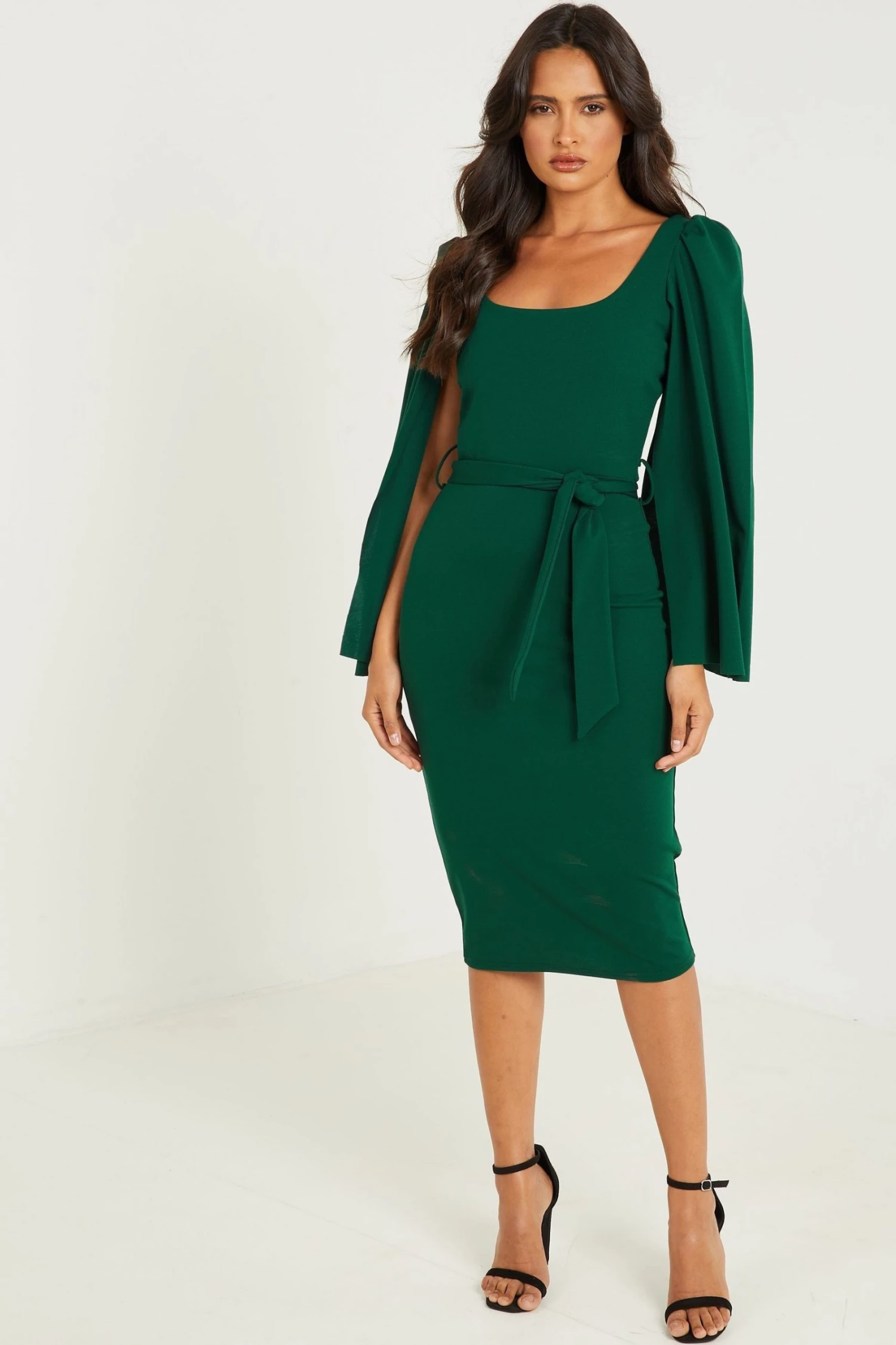Quiz Green Scuba Crepe Tie Belt Midi Dress