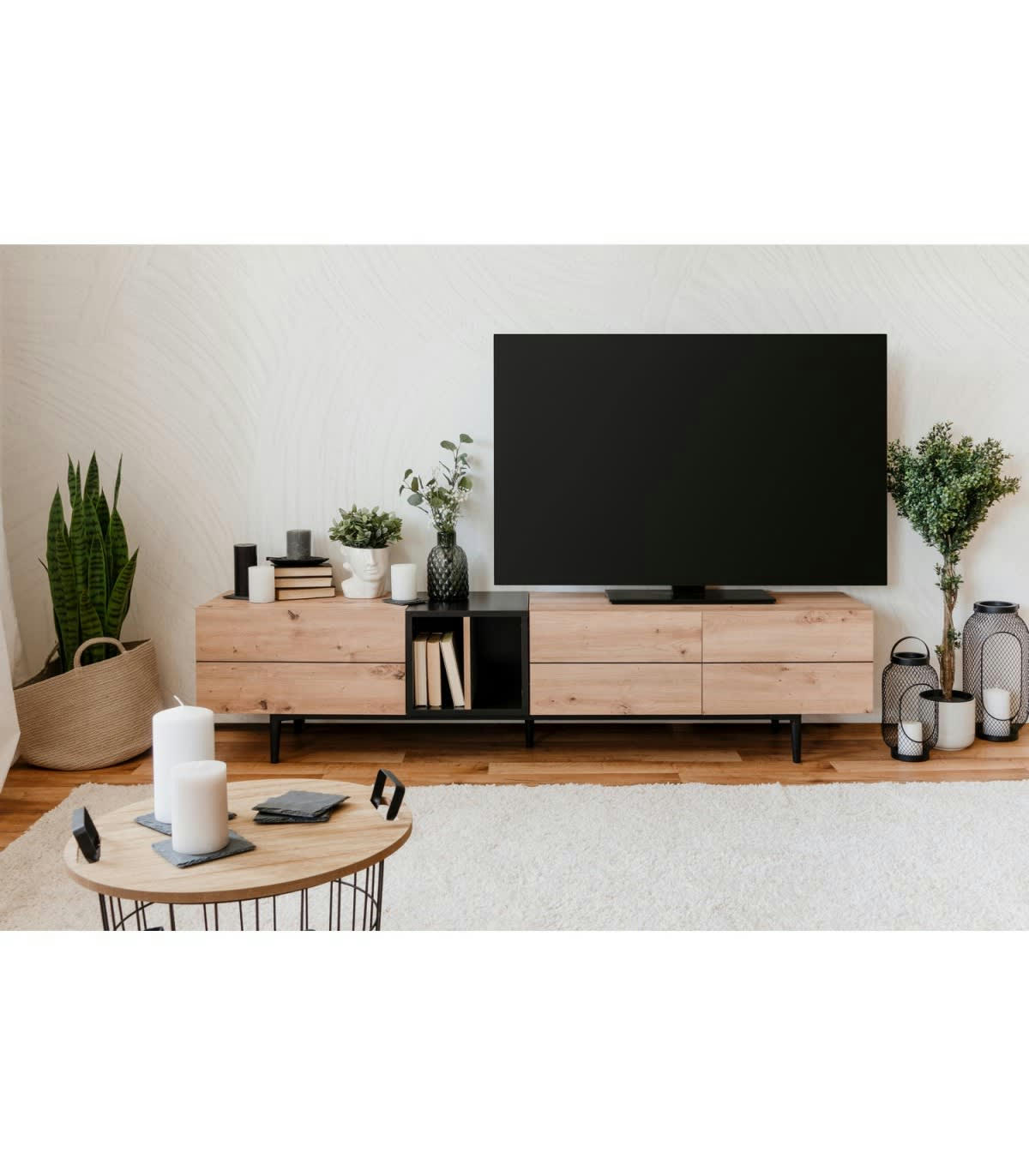 NOLA - Meuble TV 3 Portes 2 Niches L 195 cm - Décor Bois clair et Noir