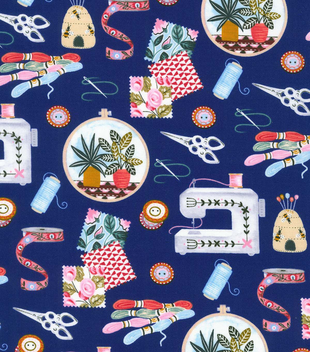 Robert Kaufman Blue Sew Crafty Novelty Cotton Fabric