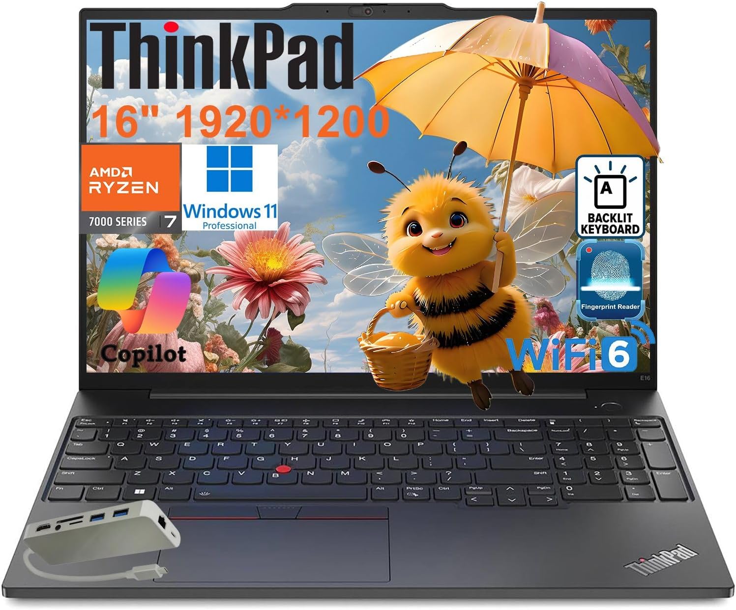 Lenovo ThinkPad E16 Gen 2 Business Laptop Computer  AMD 8-Core Ryzen 7 7735HS  32GB DDR5 RAM  1TB PCIe SSD  16 FHD+  WiFi 6  Backlit KB  Fingerprint Reader  Windows 11 Pro  Type C Hub  Number Pad