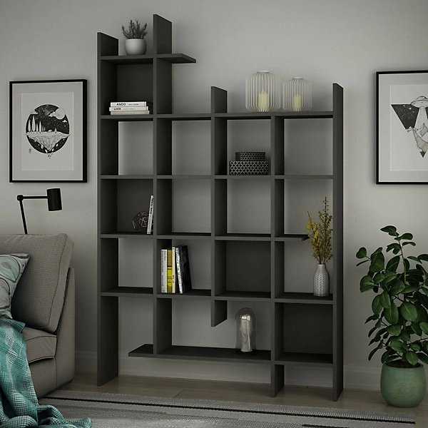 Bibliothèque Achela, Etagère de bureau, Porte-livre mobile, Librairie, 122x26h188 cm, Anthracite