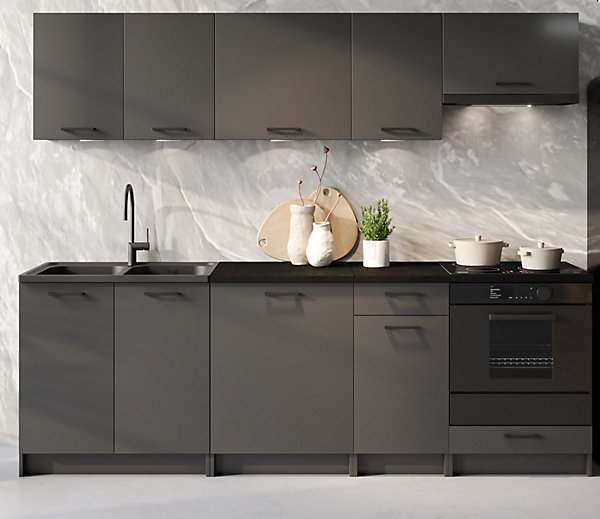 CUISINE COMPLETE LINA GRIS FONCE 2M40 NON MONTEE SANS ELECTROMENAGER 8 MEUBLES