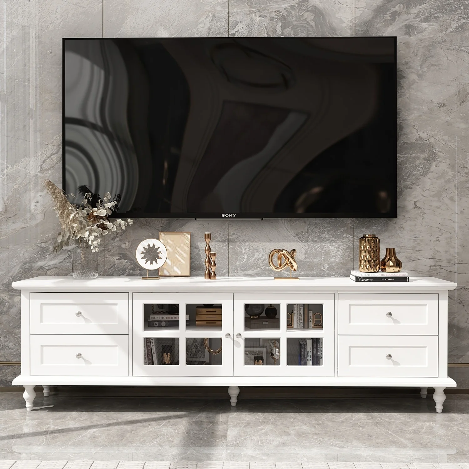 Modern White TV Stand w/Glass Doors and Drawers Entertainment Console - 70.9