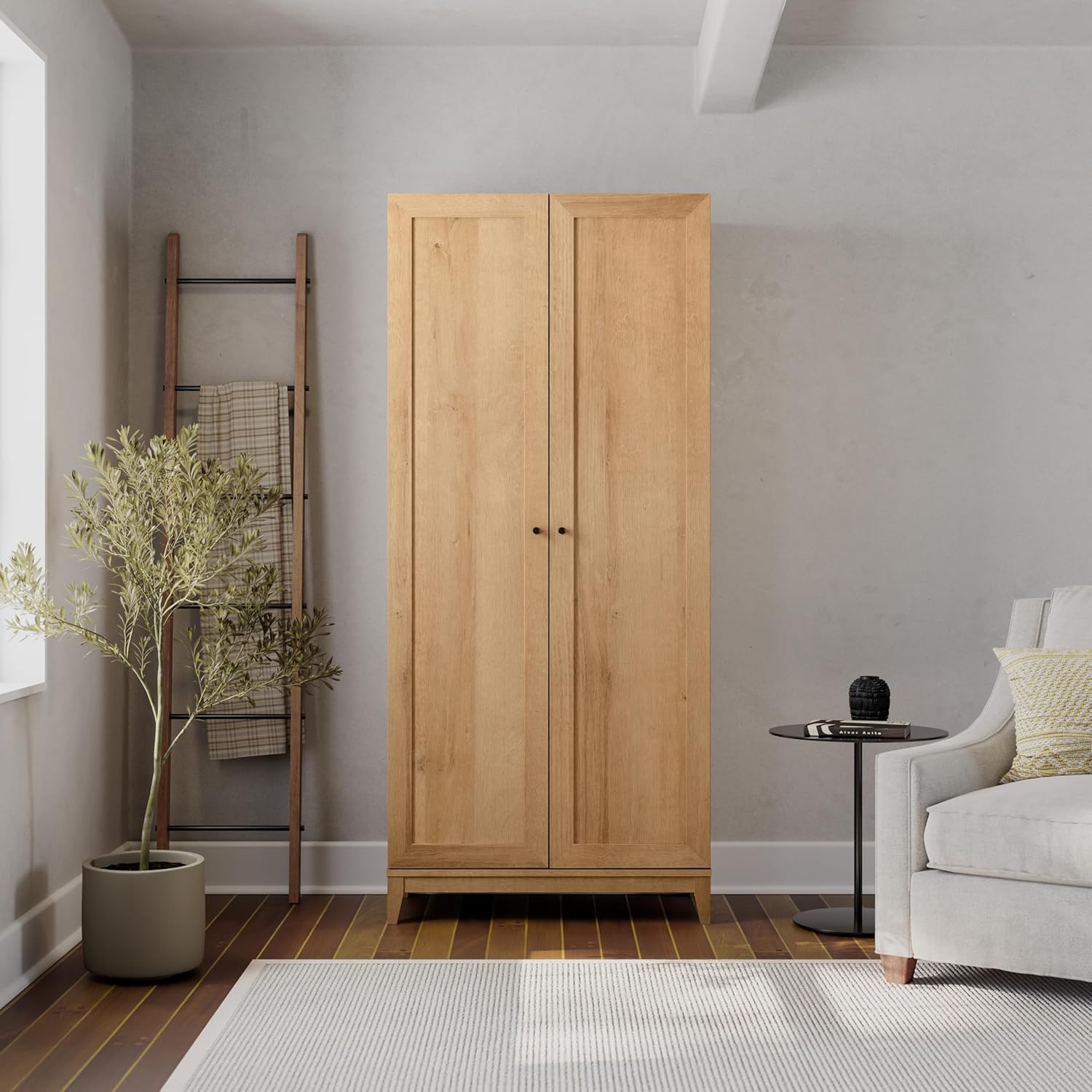Prepac Yaletown 72 Tall Storage Cabinet with Wood Legs, Pantry Cabinet with 3 Adjustable Shelves, Bathroom, Kitchen and Home Organization in Natural Oak, 16 D x 32 W x 72 H