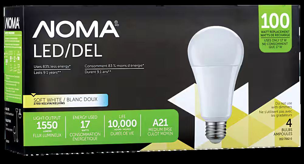NOMA A19 E26 Base Household Non-Dimmable LED Light Bulbs, 2700K, 1550 Lumens, Soft White, 100W, 4-pk