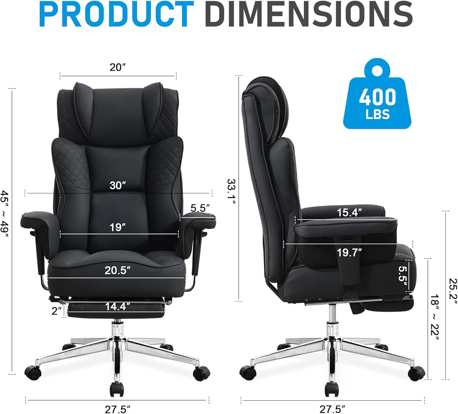 Big and Tall Office Chair, Ergonomic Leather Reclining Chair with Footrest, High-Back Comfy Executive Computer Desk Chairs with Lumbar Support, Wide Seat, 400LBS (Black)