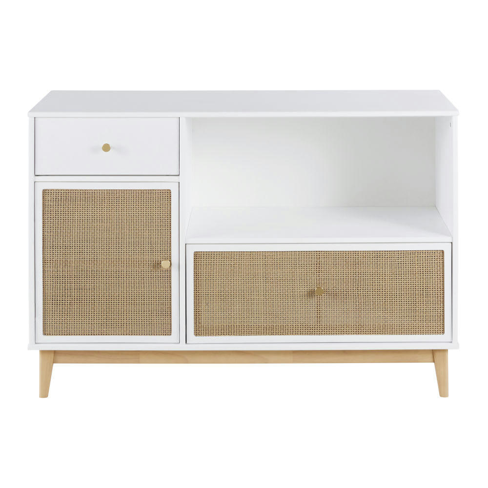 Ysee - Commode compatible plan à langer 1 porte 2 tiroirs blanche et cannage en rotin