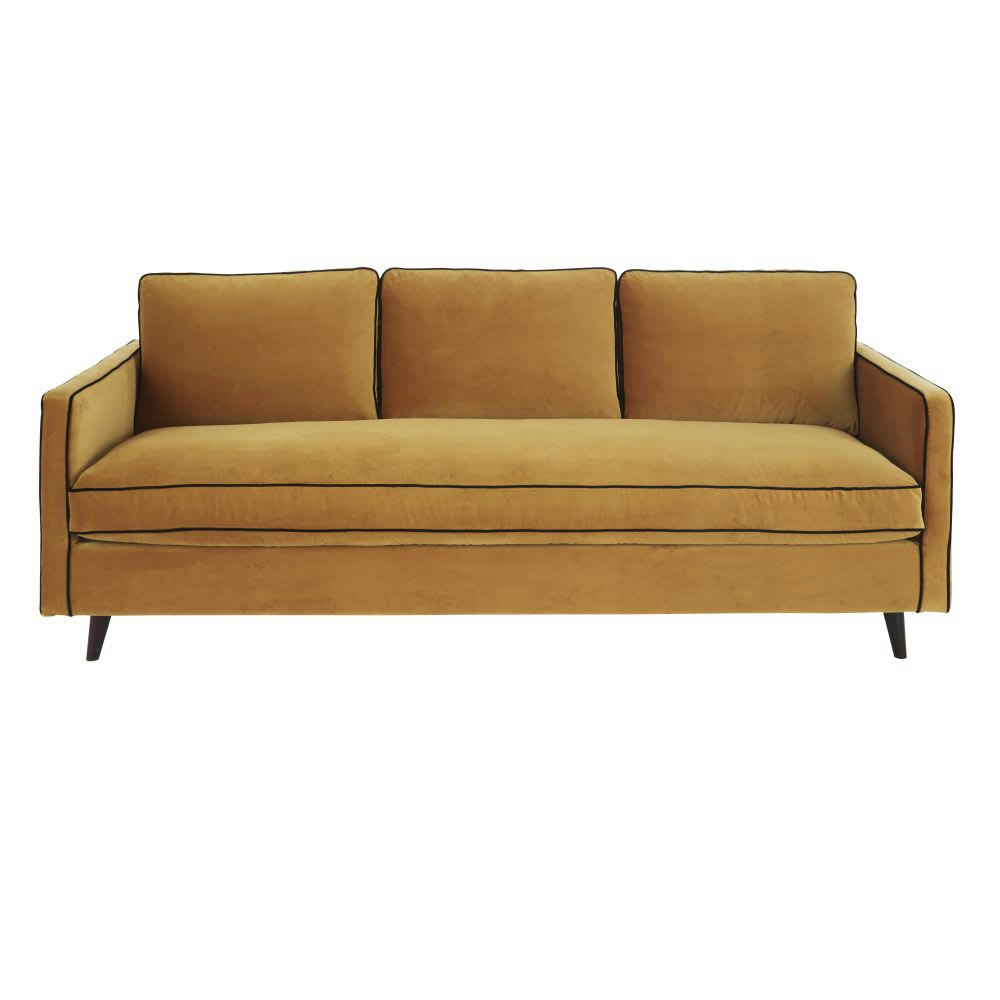 Kant - Canapé-lit 3/4 places en velours ocre et noir, matelas 10 cm