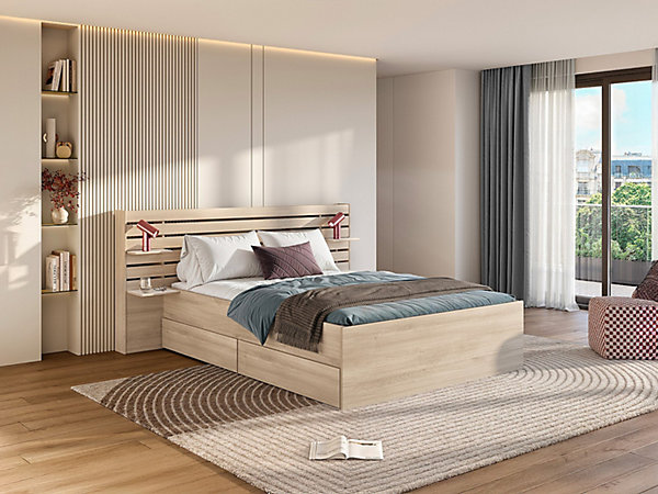 Lit 160 x 200 cm avec rangements - Coloris : Naturel   Sommier   Matelas - TENALIA II