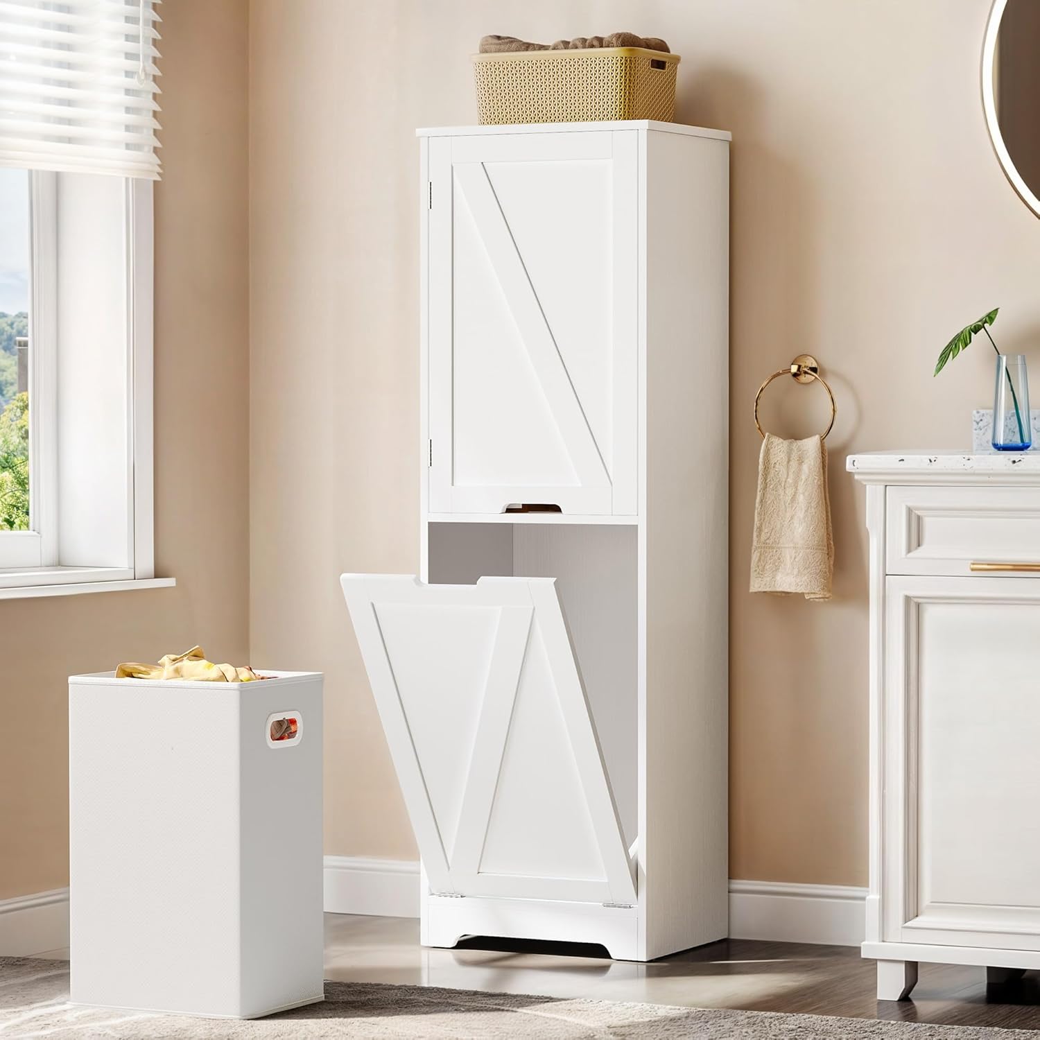 DWVO Tilt Out Laundry Hamper - 53 Tall Bathroom Storage Cabinet Laundry Cabinet with Adjustable Shelves and Clothes Basket, Hamper Cabinet Shelf for Laundry Room Bathroom Organizer, White