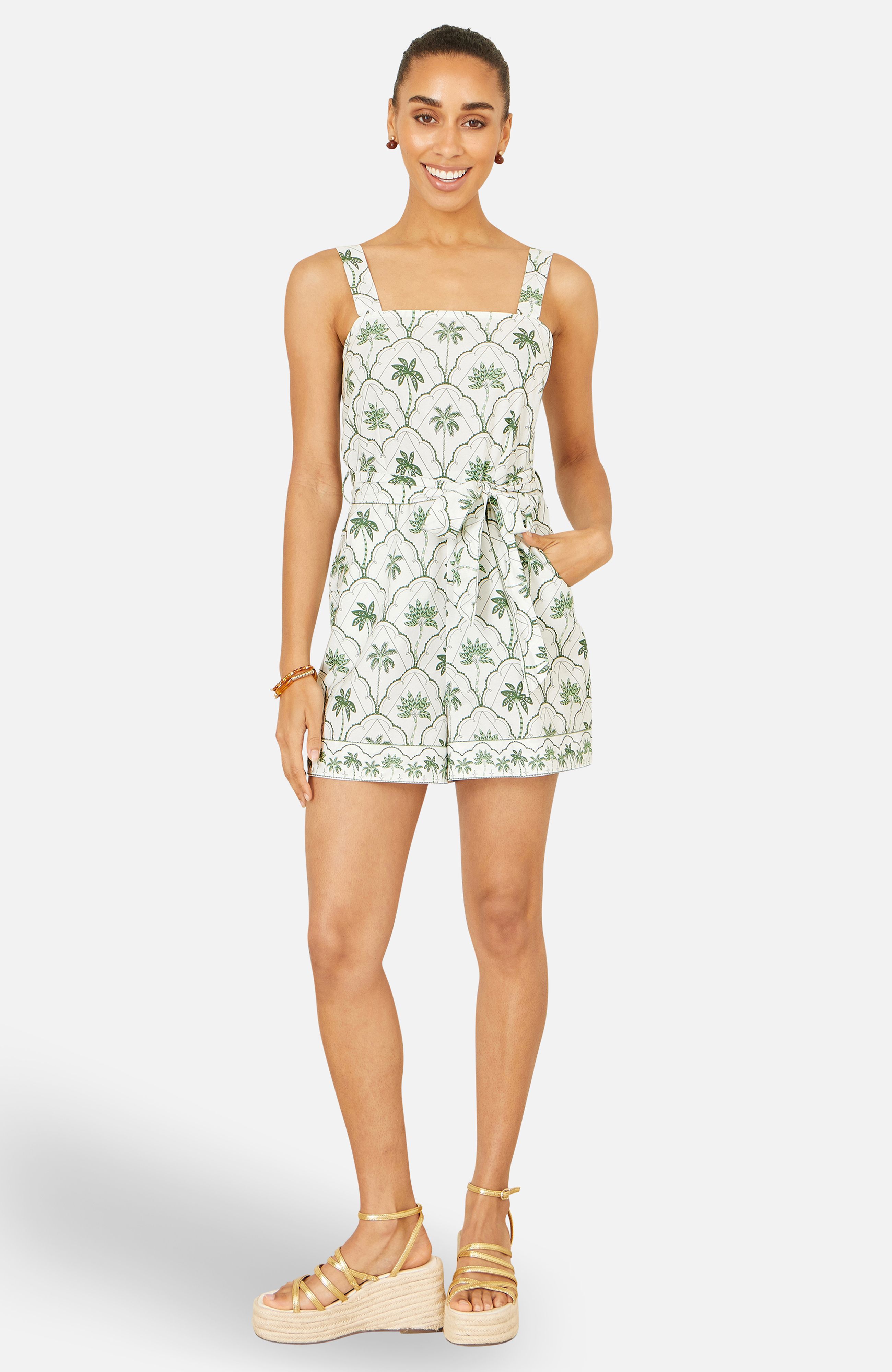 Yumi White Palm Print Cotton Playsuit