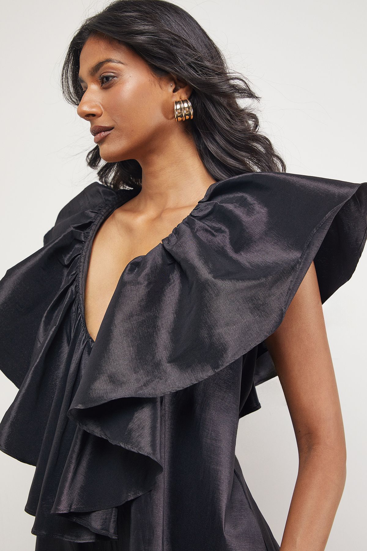 Warehouse Taffeta Frill V Neck Smock Mini Dress