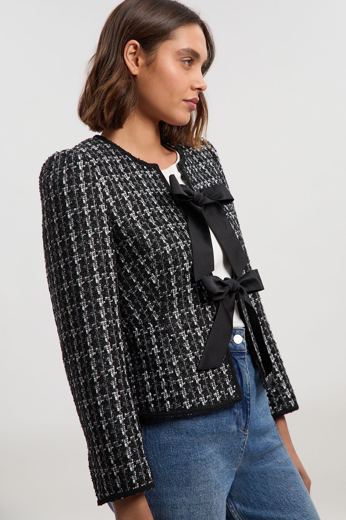KarenMillen Boucle Tailored Bow Detail Peplum Jacket