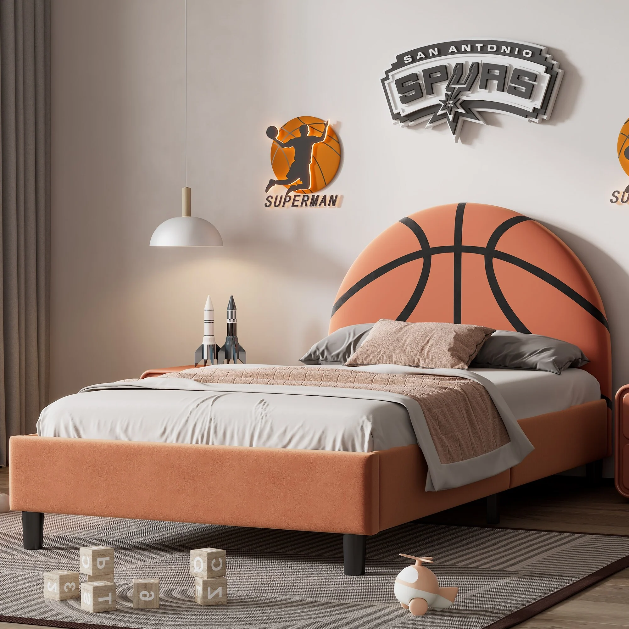 Orange Upholstered Bed for Toddler Kids Twin Size Low Profile Platform Bed with Basketball Headboard for Boys and Girls, Teens