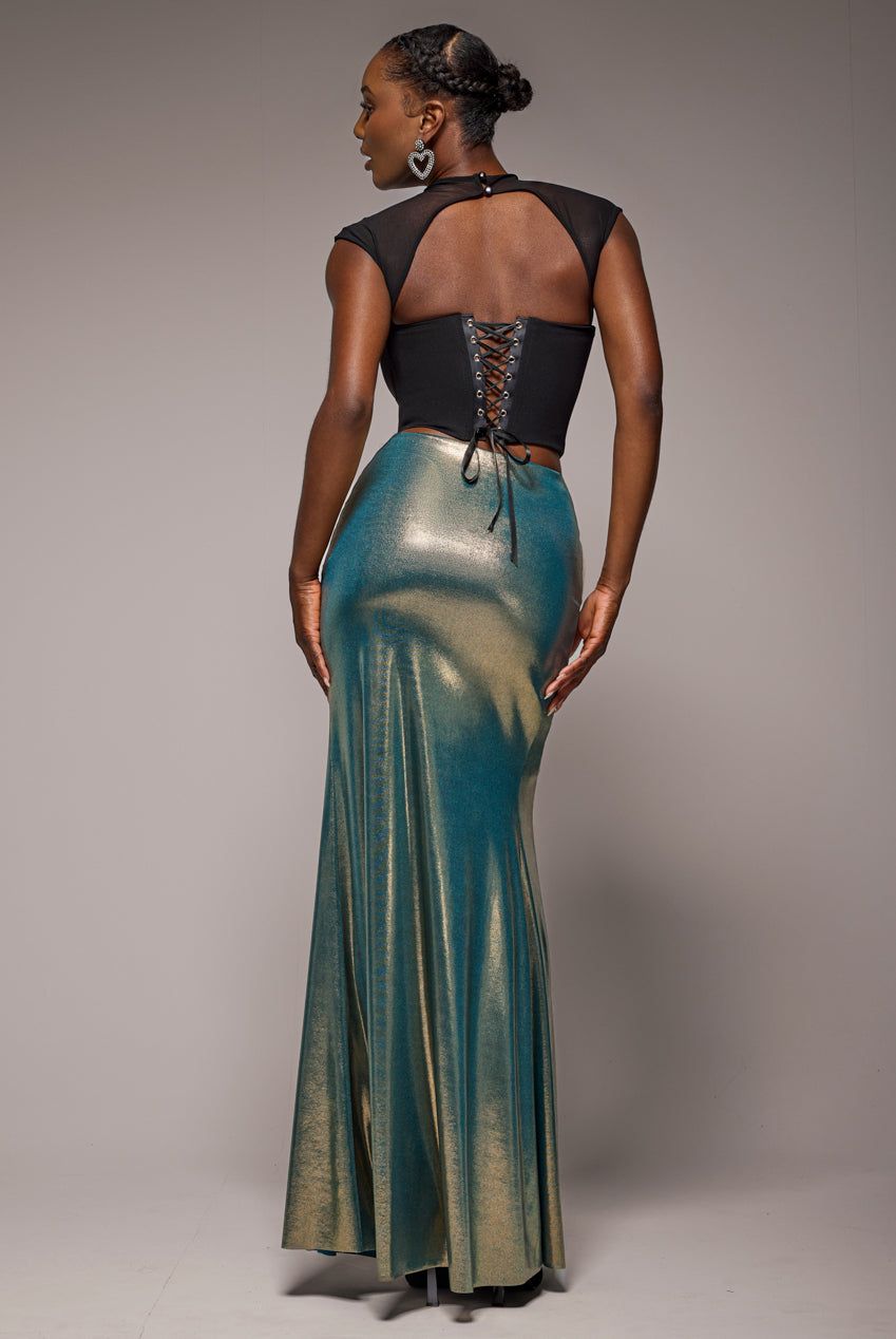 Goddiva Gathered Front Dipped Waist Foil Maxi Skirt