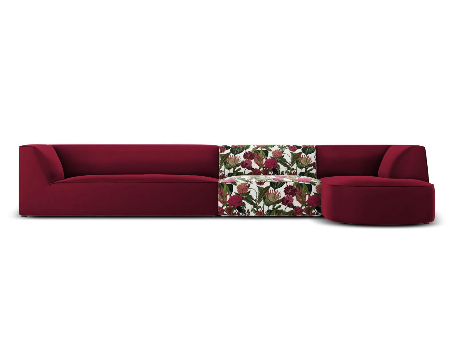 CHARLES - Canapé D'Angle Droit 5 places en Velours Motif de Rose de Jardin
