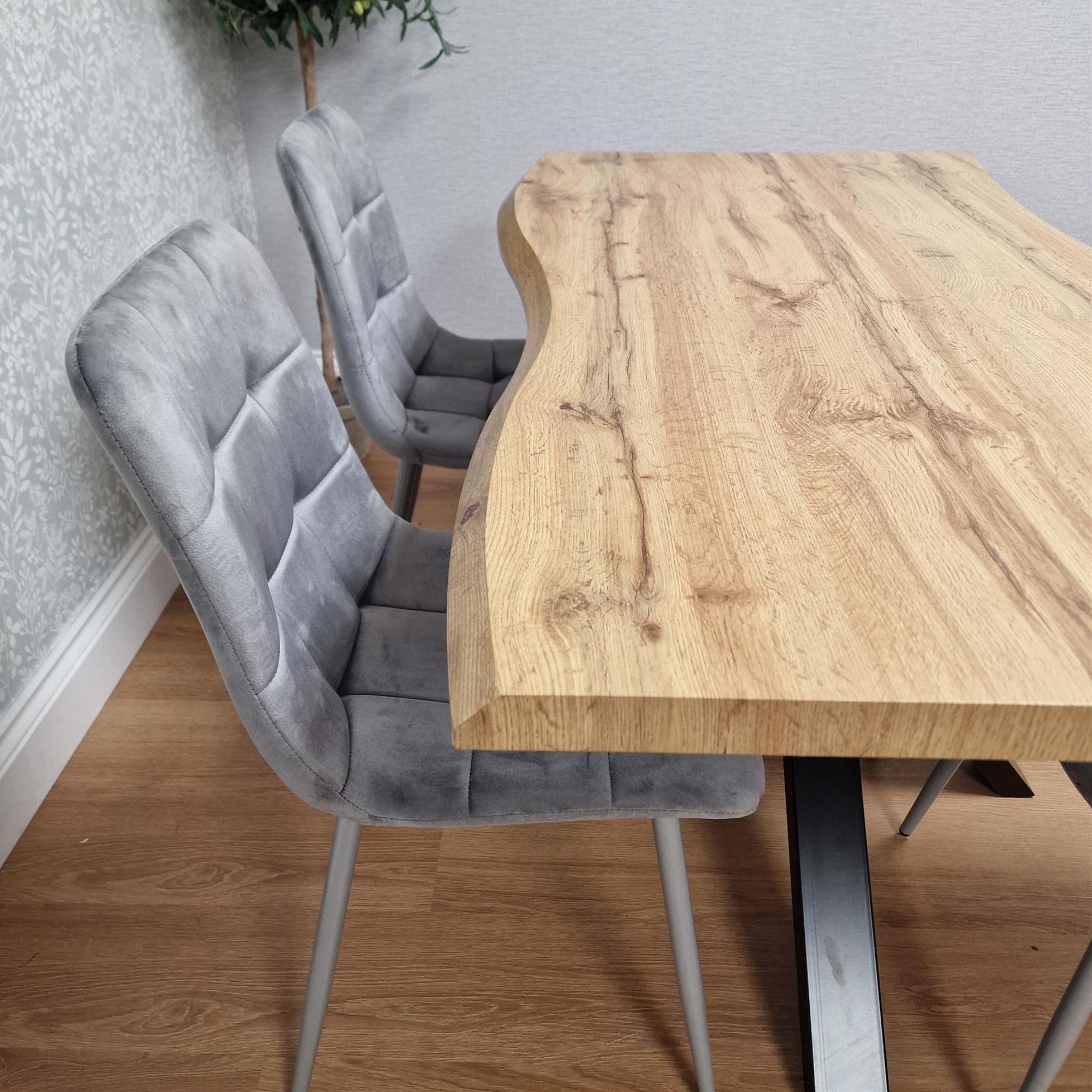 KOSY KOALA Dining Table with 2 Grey Velvet Chairs and Modern Wooden Benches
