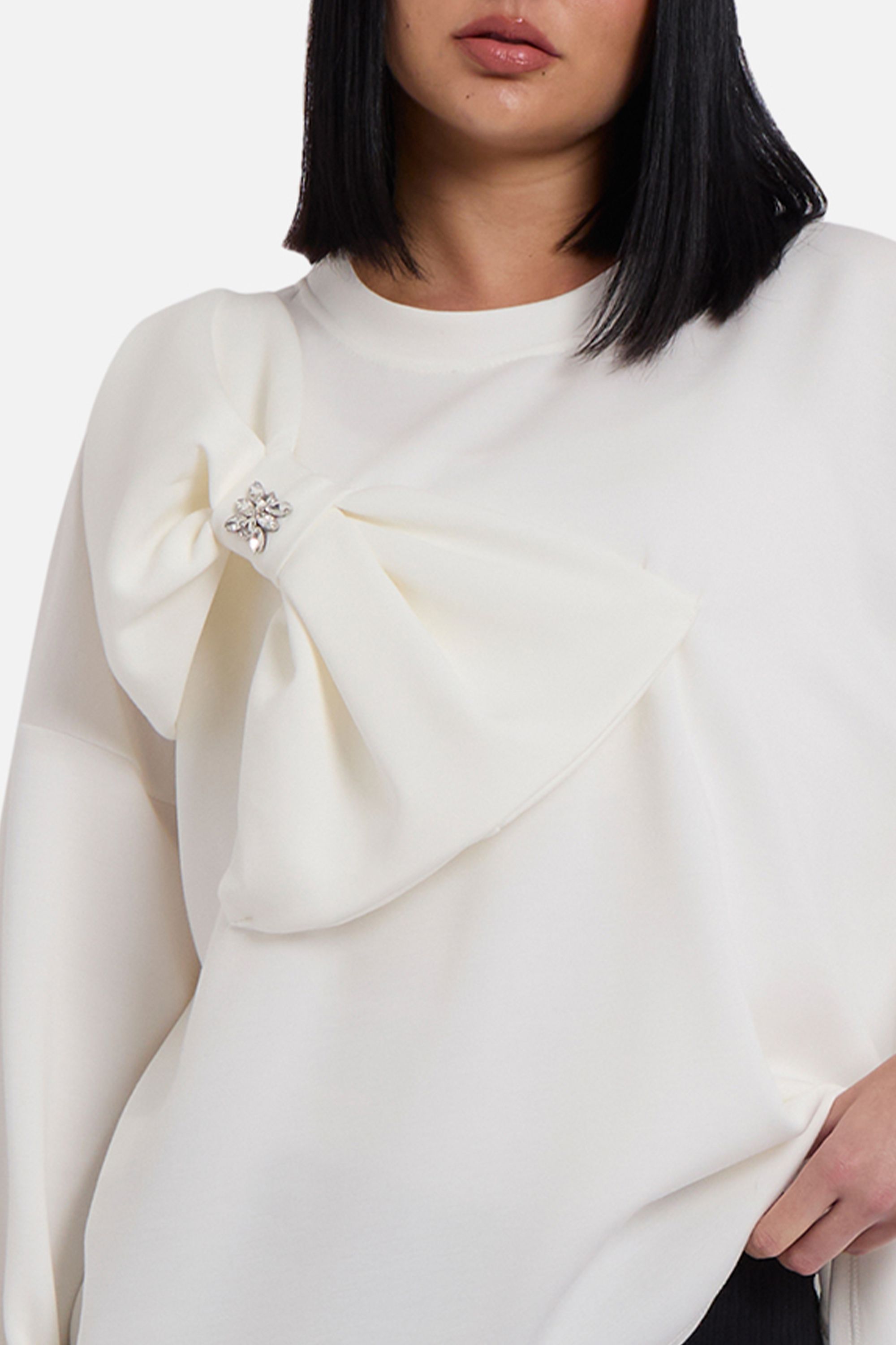 Gini London Cream Side Contrast Bow Oversized Jumper Top
