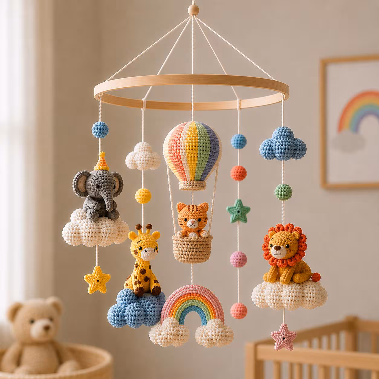 Safari Animal Hot Air Balloon Baby Mobile Crochet Nursery Decor, Rainbow Jungle Crib Decor, Lion Elephant Giraffe Tiger Nursery Room Gift