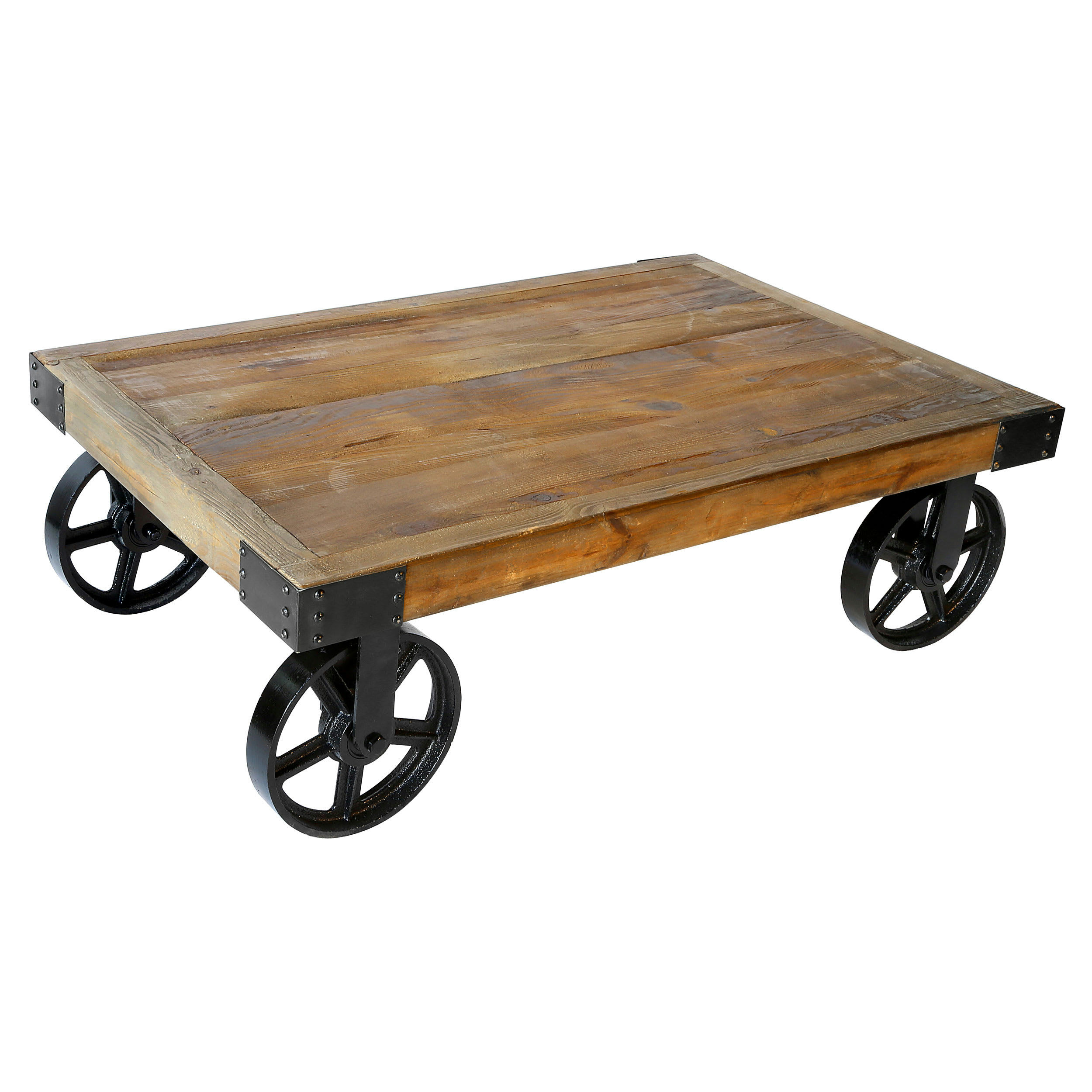 SOHAR - Table basse rectangulaire en bois et métal à roulettes