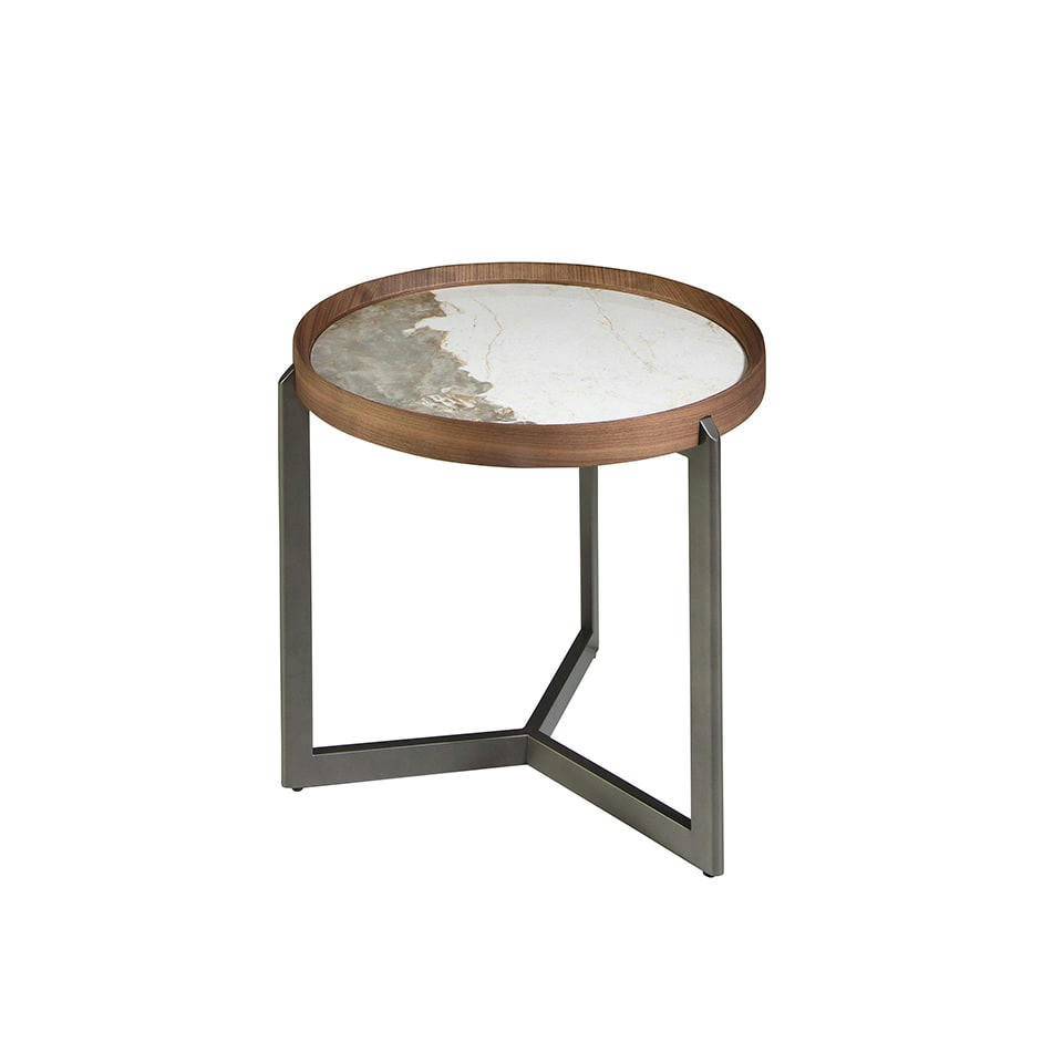 - Table basse ronde en marbre porcelaine, noyer et acier