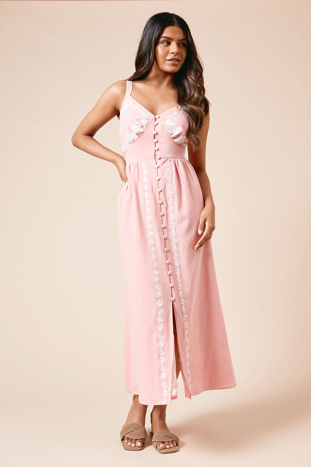 Dorothy Perkins Petite Floral Button Up Embroidered Midi Dress