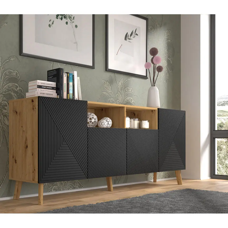 LUXI dressoir 4D 195 cm artisan eiken / zwart mat