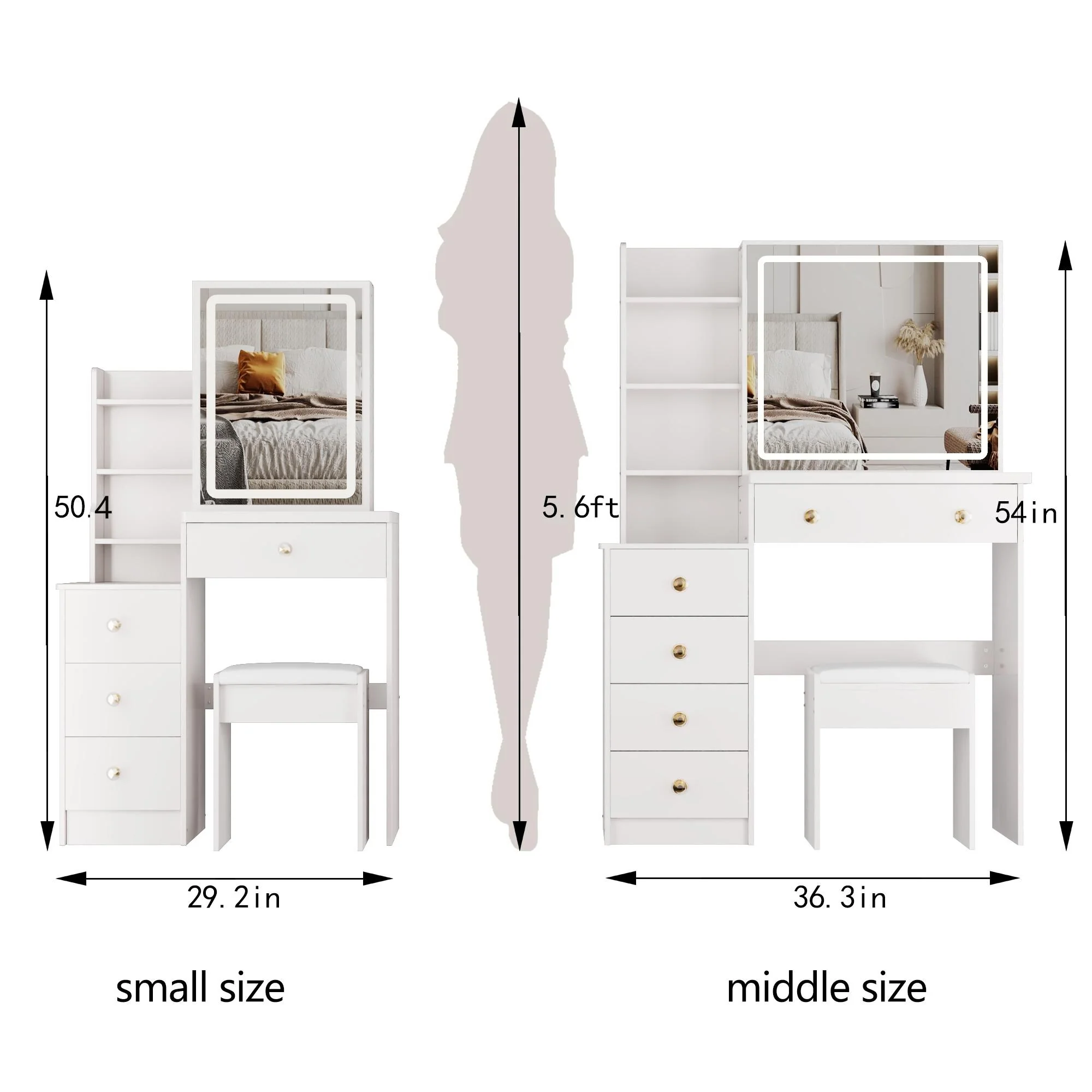 Middle Sliding Vanity Table, Dresser Set with Cushioned Stool, Makeup Cabinet with Touch Control LED Mirror, Tri-Color Switching