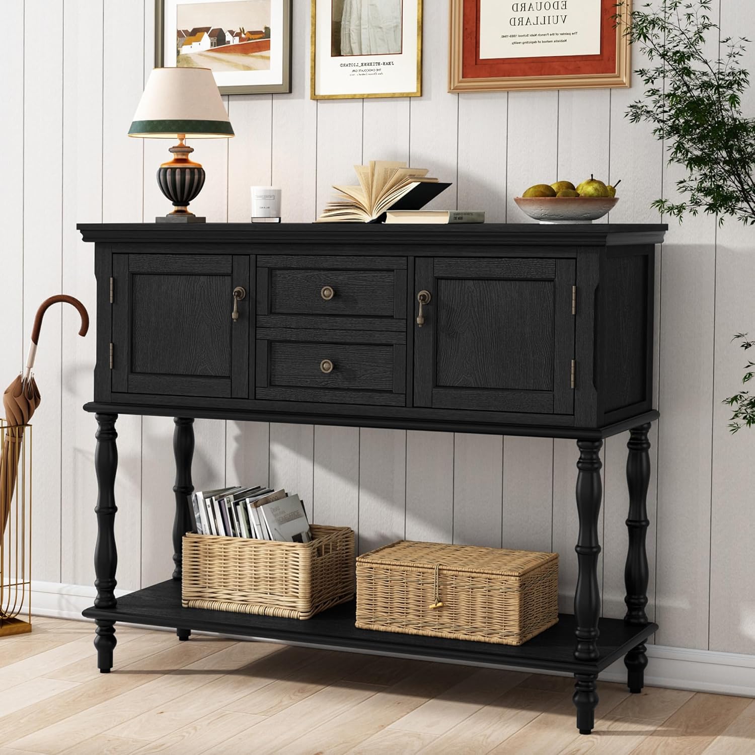 ARTPOWER Console Table with 2 Drawers, Retro Entryway Table with 2 Door Cabinets and Open Storage Shelf, Narrow Long Behind Couch Sofa Table for Living Room, Foyer, Hallway, Black