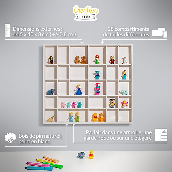 Creative Deco Vitrine Murale Petite Etagere Bois Blanc - 28 Compartiments - 44,5 x 40 x 3cm - Vitrine pour Collection Figurine