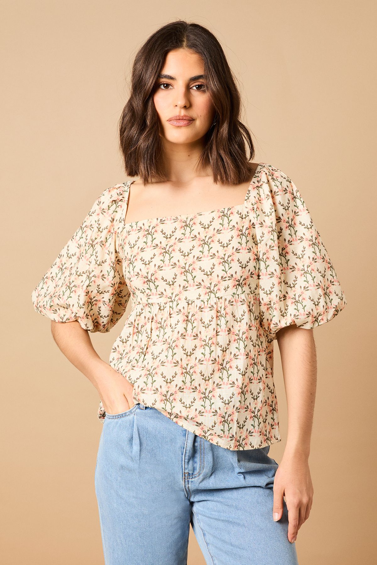 Oasis Printed Puff Sleeve Square Neck Cotton Top