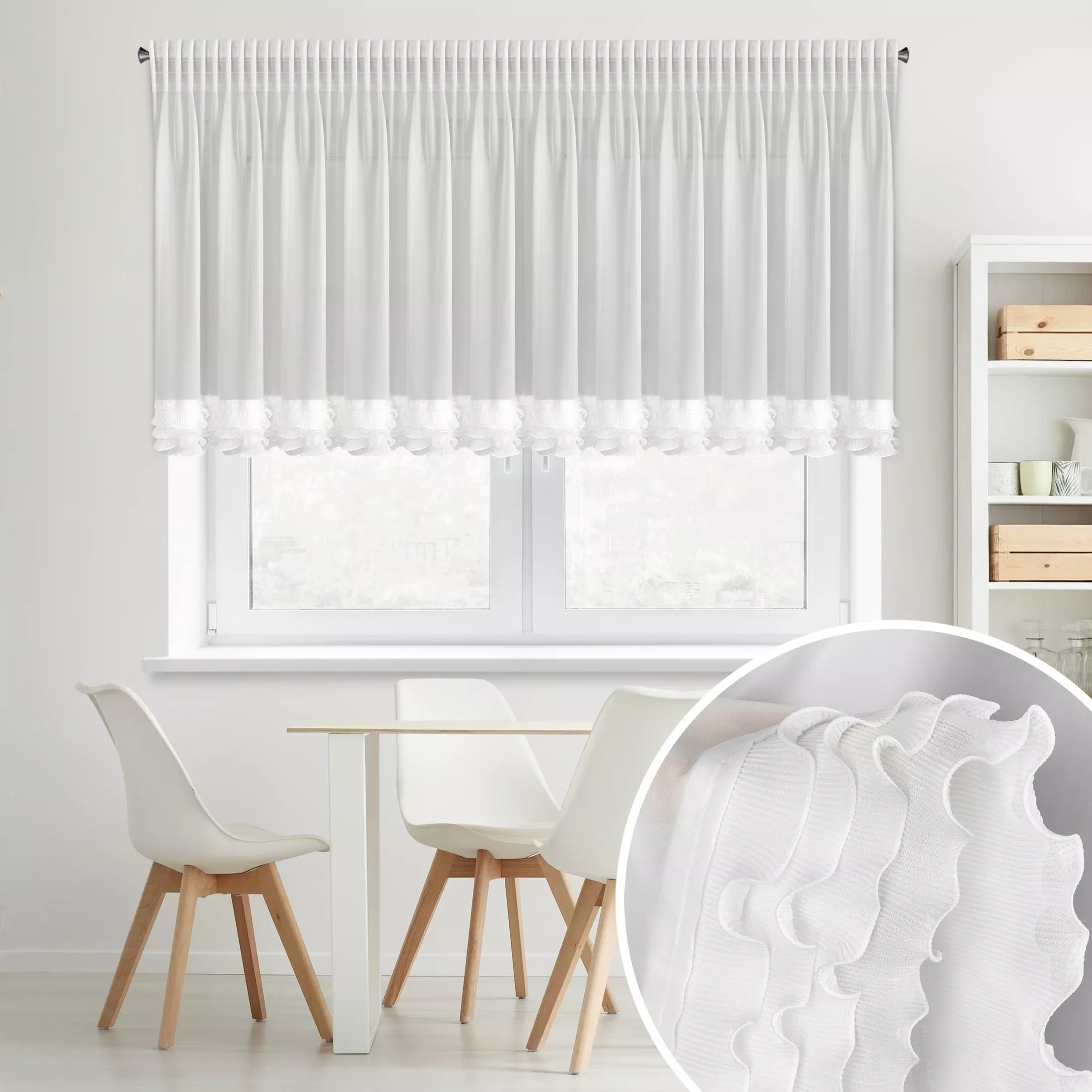 Firana biała z szyfonu zdobiona falbanką400x80 cm taśma - LUISA
