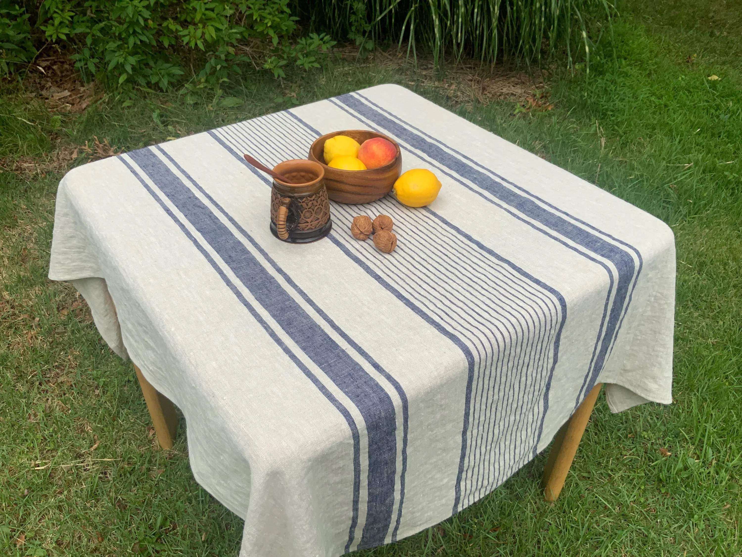 French country Linen Tablecloth: Navy Stripe, French farmhouse style, Oeko Tex Certified linen, many colors, ships fast!